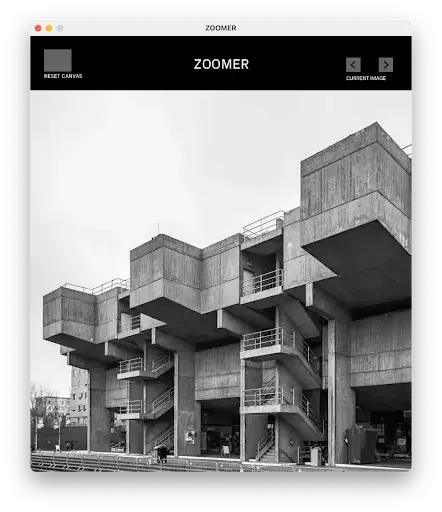 The Zoomer interface showing a black-and-white photo of a brutalist building.