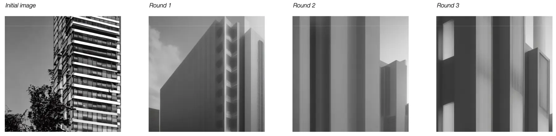 Four stages of a session — the initial image of a tower, then rounds one to three, each a more abstract close-up.